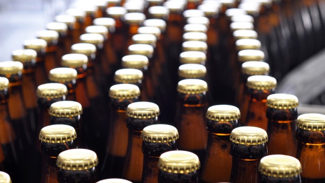 Beer bottles on a conveyor belt
