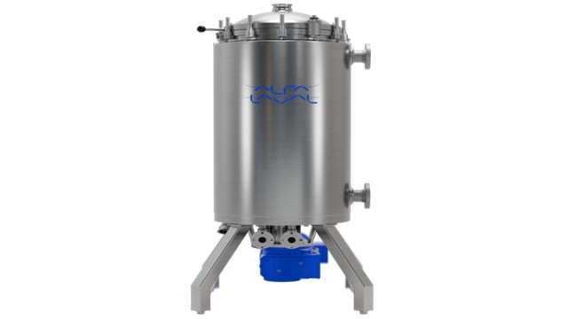 Alfa Laval stainless steel industrial tank with valves and blue motor, cylindrical vessel for processing or storage