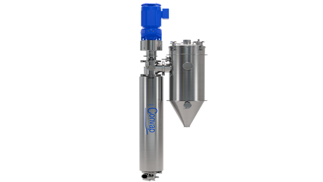 Convap stainless steel industrial unit with blue motor, valves, and connectors, used in processing or manufacturing